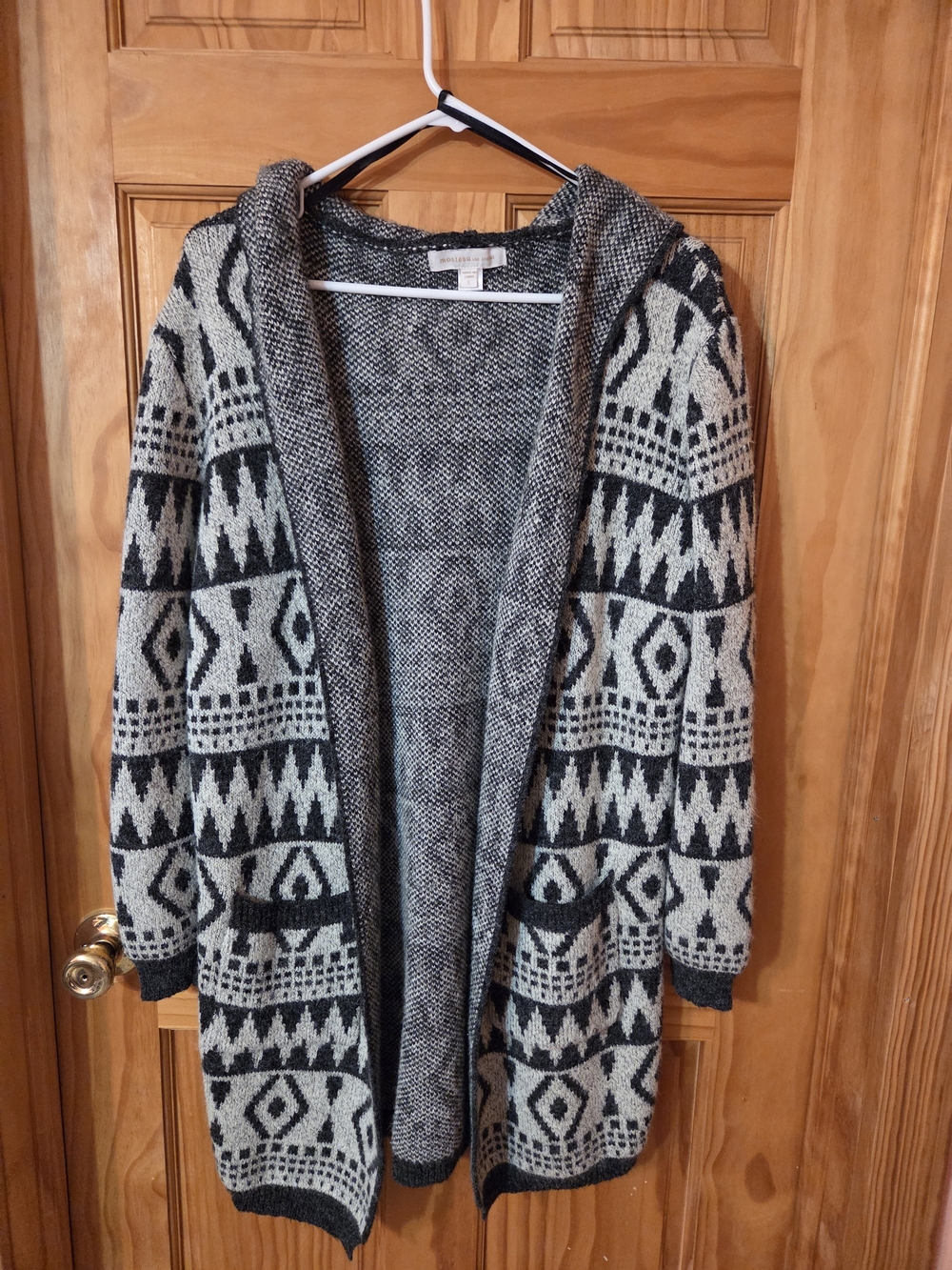 Monteau Black & Cream Hooded Aztec Knit Cardigan